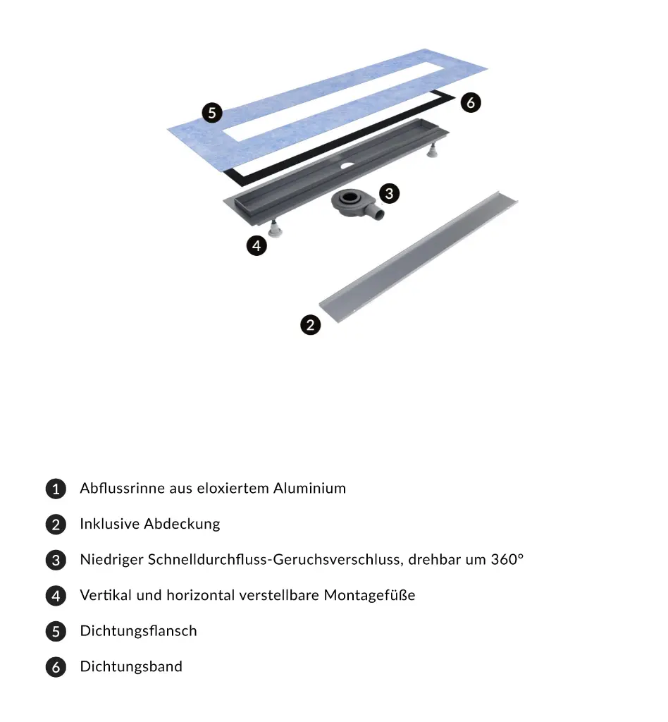Lowfix Duschrinne mit befliesbarer Blende, 60 cm Silber seidenmatt (SL) LOWFIX60TSL