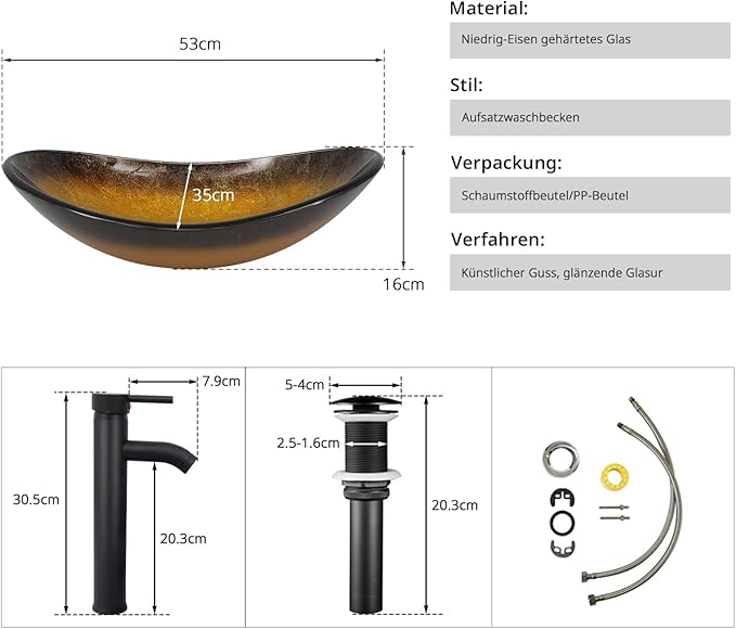 Design-Waschschale aus Glas – Oval 53 × 35 cm, Schwarz-Gold