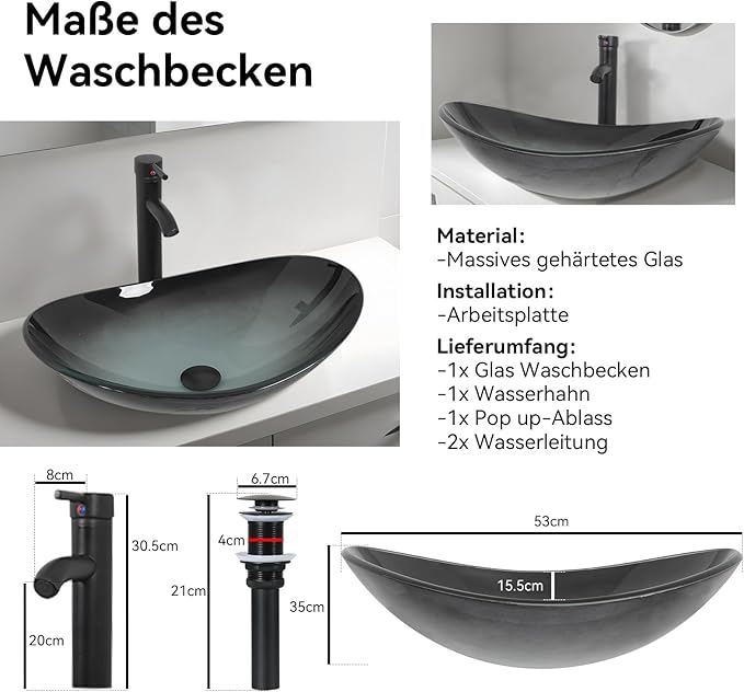 Design-Waschschale aus Glas – Oval 53 × 35 cm, Gäste-WC Handwaschbecken mit Ablauf, Dunkelgrün Verlauf