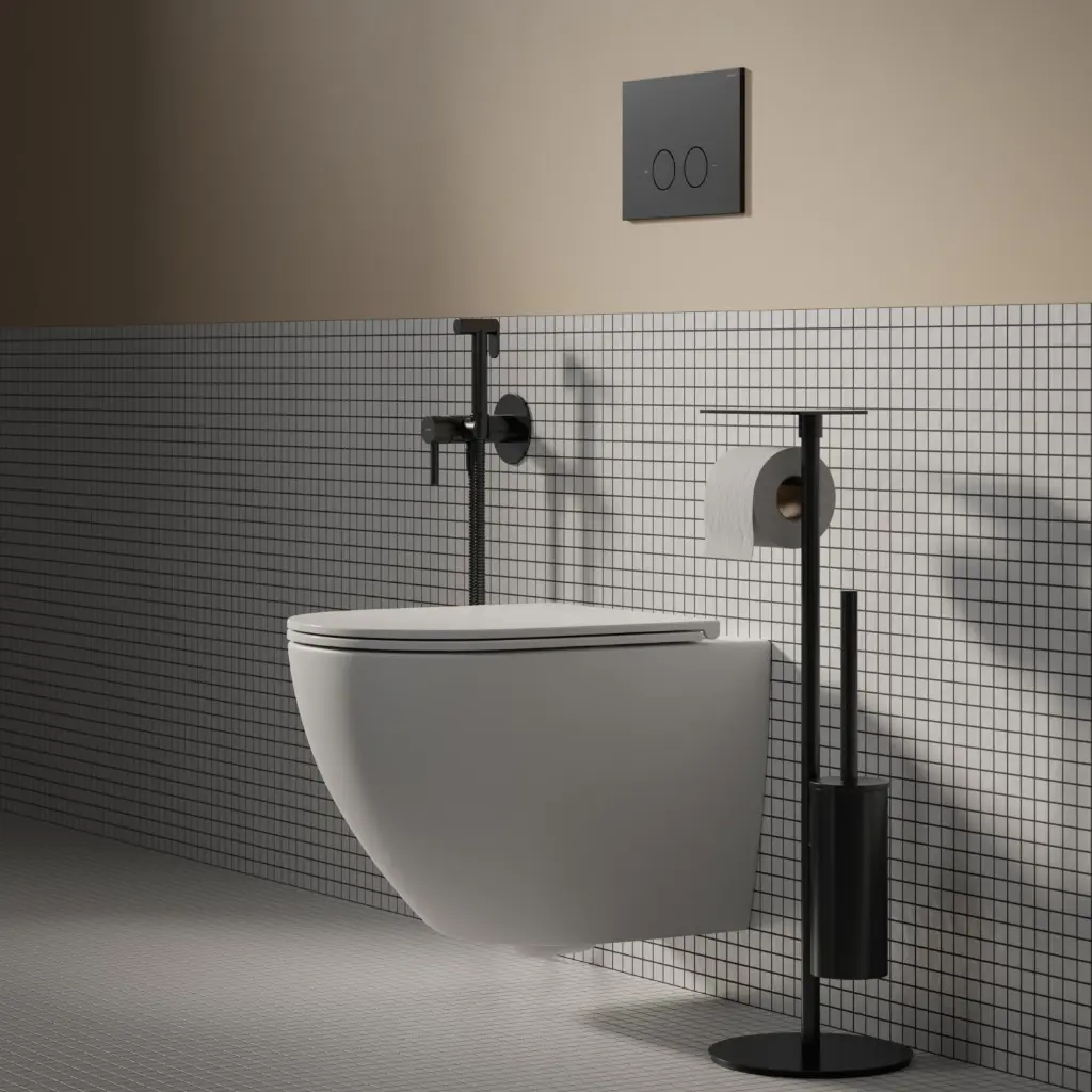 ECO FLUSH SET Strongframe Vorwandelement mit ECO-Spülung für Wand-WC + STEEL-R45 WC-Betätigungsplatte aus Edelstahl  Schwarz seidenmatt (BLH)STFWCECO1R45-RBL