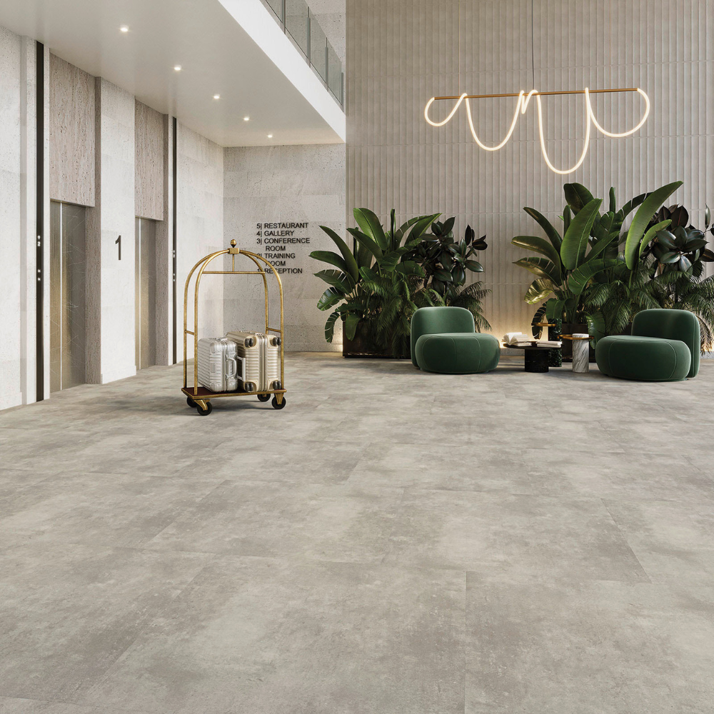 DESIGN 555  Patchy Concrete Click 609 6,0mm/NS 0.55mm Rigid Board m. IXPE 