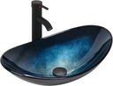 Design-Handwaschbecken mit Ablauf und Wasserhahn (Schwarz Matt) aus Glas– Oval 53 × 35 cm, Blau-Schwarz Verlauf