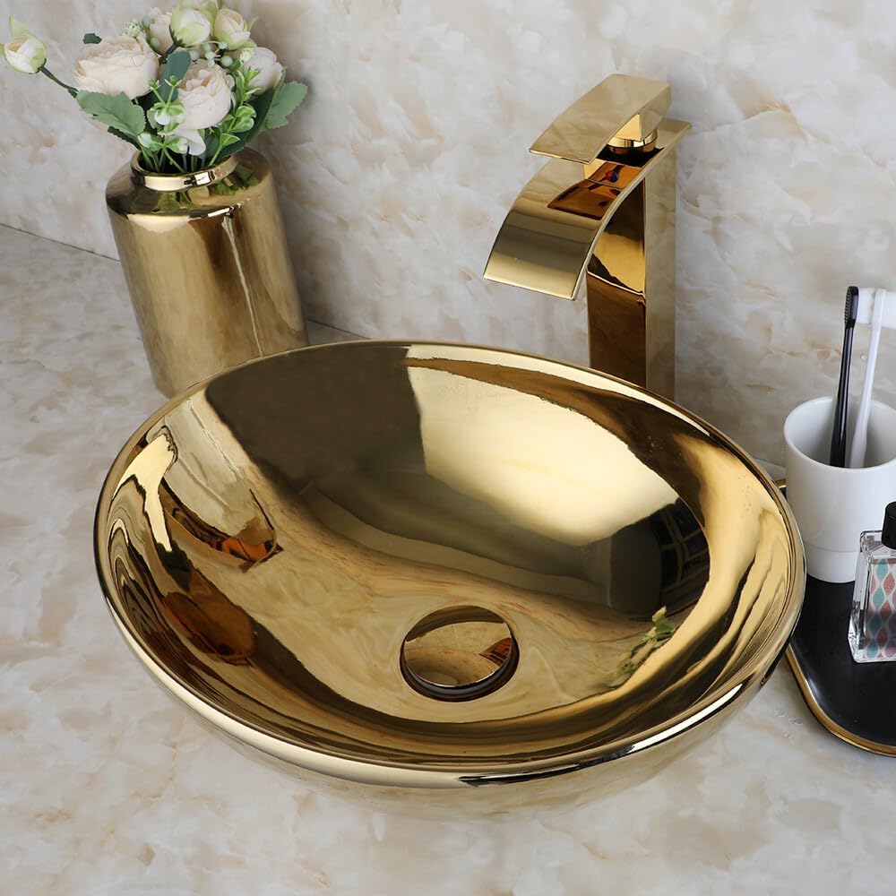 Design-Aufsatzwaschbecken mit Ablauf und Wasserhahn (Gold) aus Keramik – Oval 17 Zoll