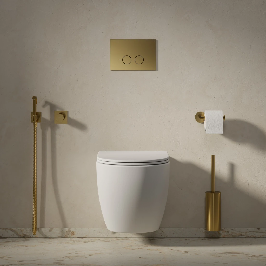 ECO FLUSH SET STRONGFRAME Vorwandelement mit ECO-Spülung für Wand-WC + STEEL-R45 WC-Betätigungsplatte aus Edelstahl Gold gebürstet (GLB) STFWCECO1R45-RGLB